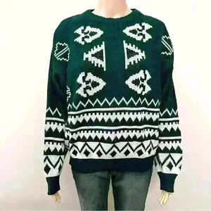 Vintage Bohemian Oversized Multicolored Green Pattern  Crew Neck Sweater jumper